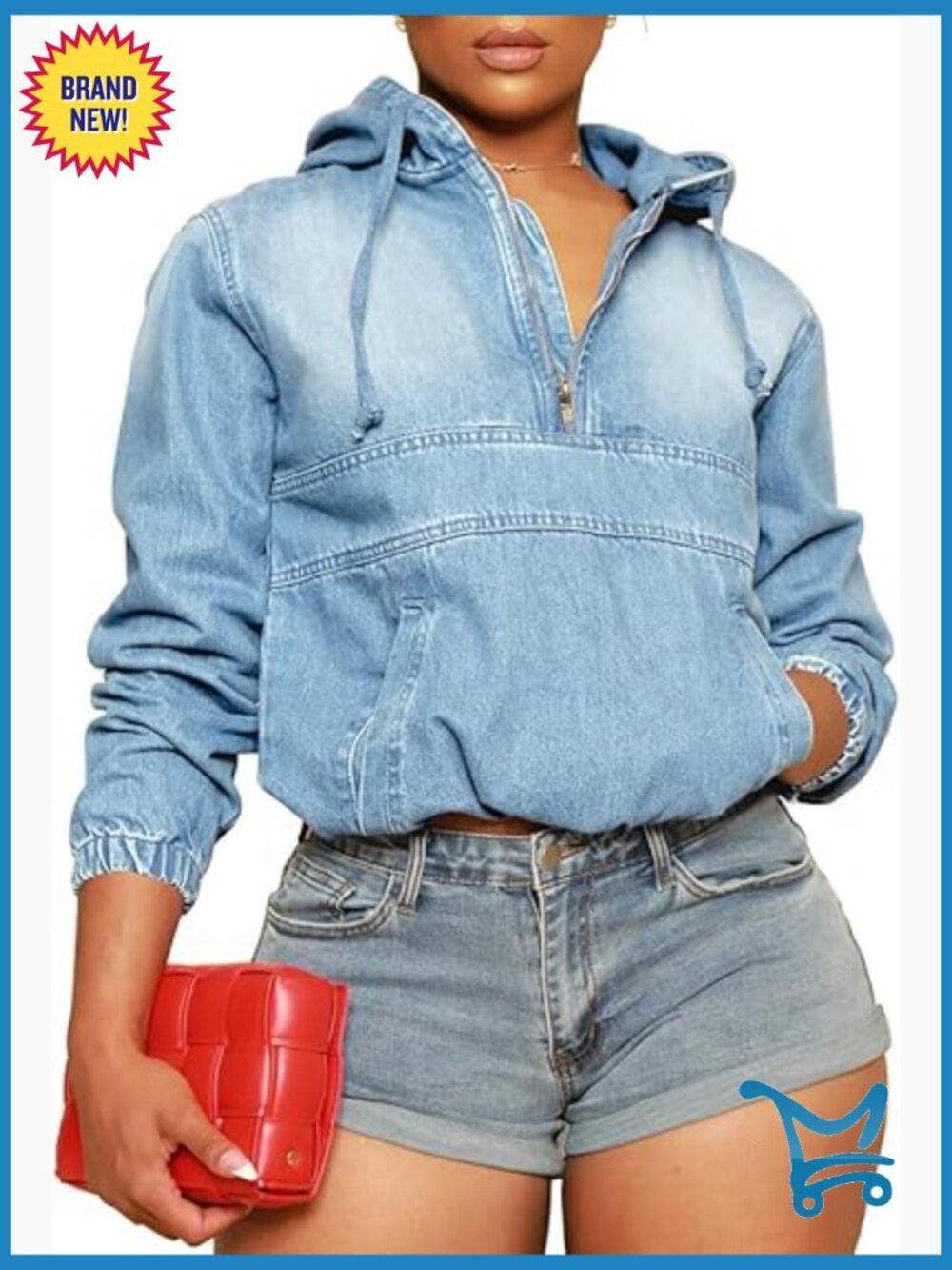 Half Zip Denim Hoodie Pullover Jacket Jean Top Women